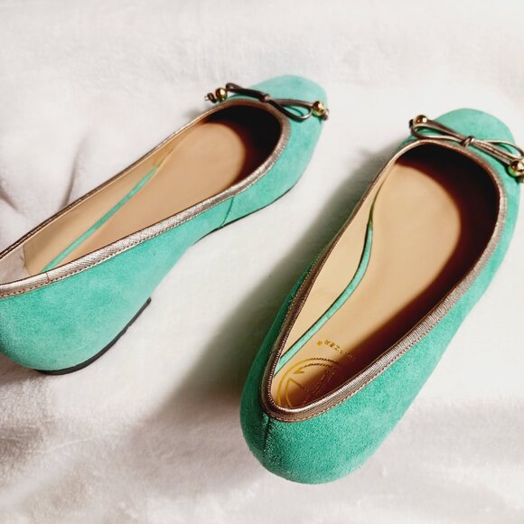 Lilly Pulitzer, Jewel Green Suede Flat Shoes, Size 7M, Gold Trim, Bow, Squared - Picture 14 of 16